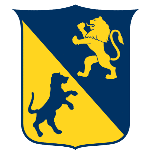 Detailed heraldic shield featuring a lion and a horse against a blue and yellow background.