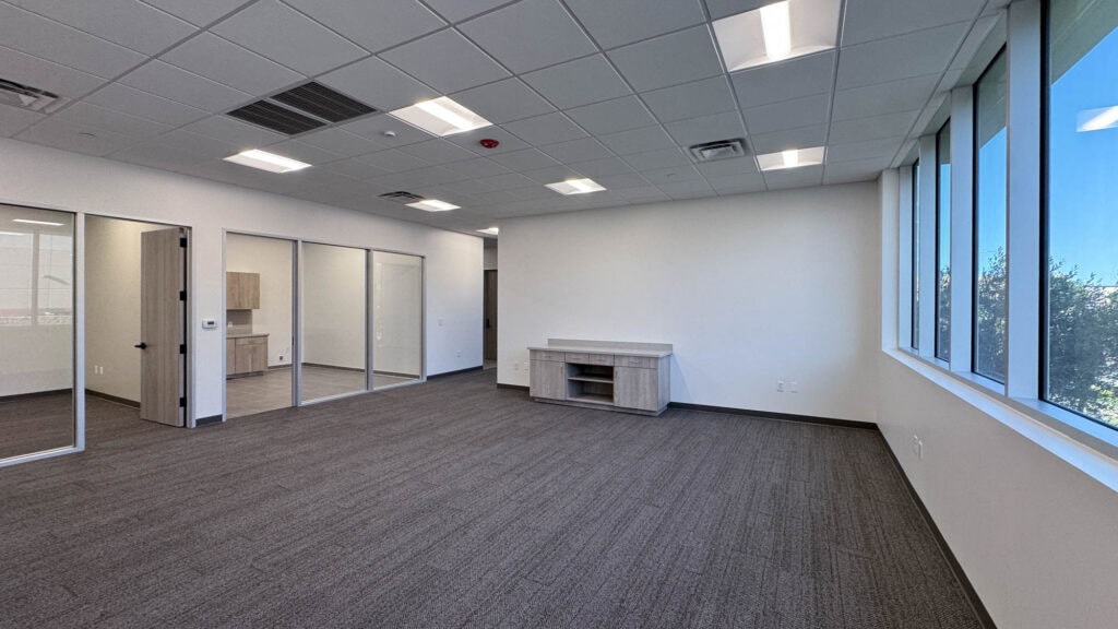 Bright office design featuring large windows, gray carpeting, and modern ceiling panels for corporate workspaces.
